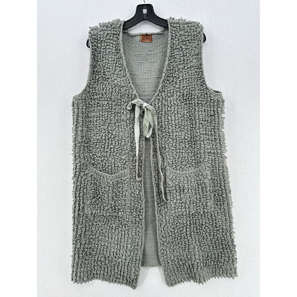 POL Vest Womens Medium Cardigan Gray Rug Sweater Ribbon Long Boho Western *Flaw